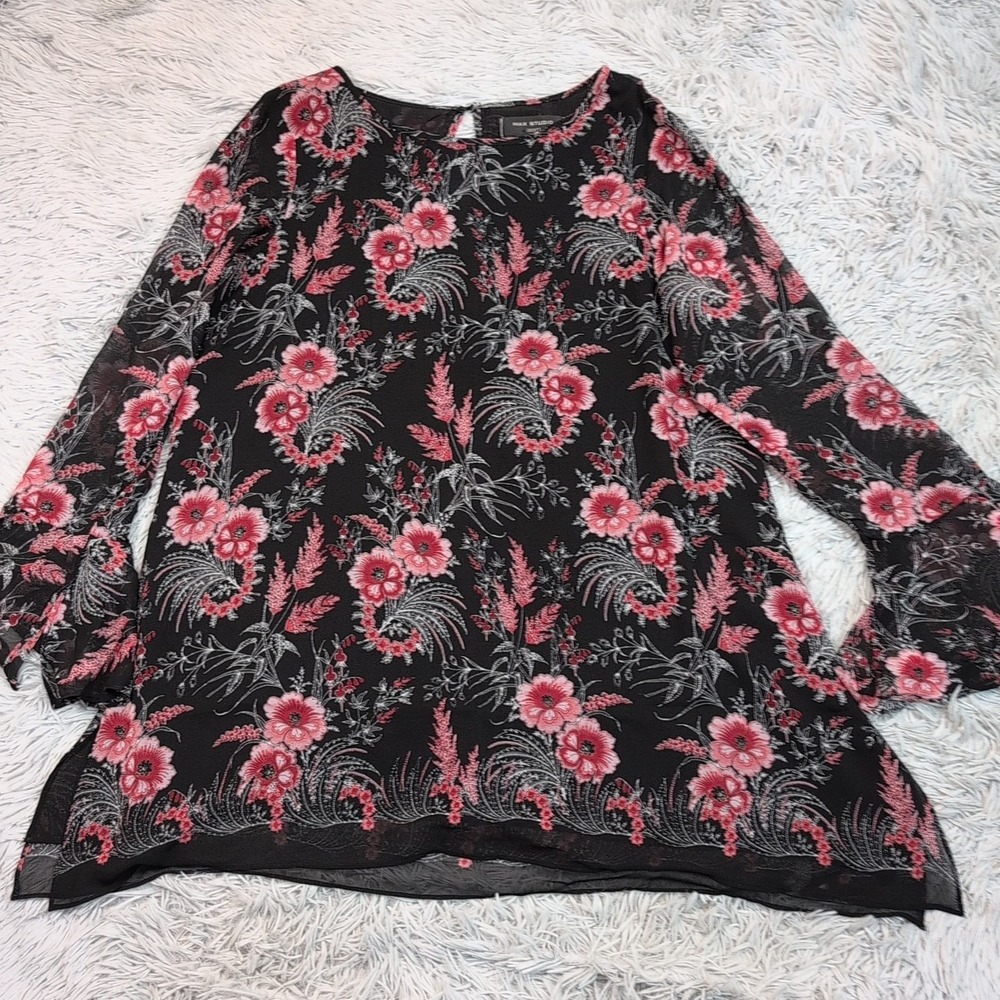 Max Studio Edit Shirt Womens L Black Floral Blouse‎ Sheer Preppy Top Lightweight